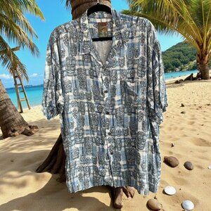 Pineapple Connection Men's Blue Tiki Tribal Print Hawaiian Camp Shirt Size XL